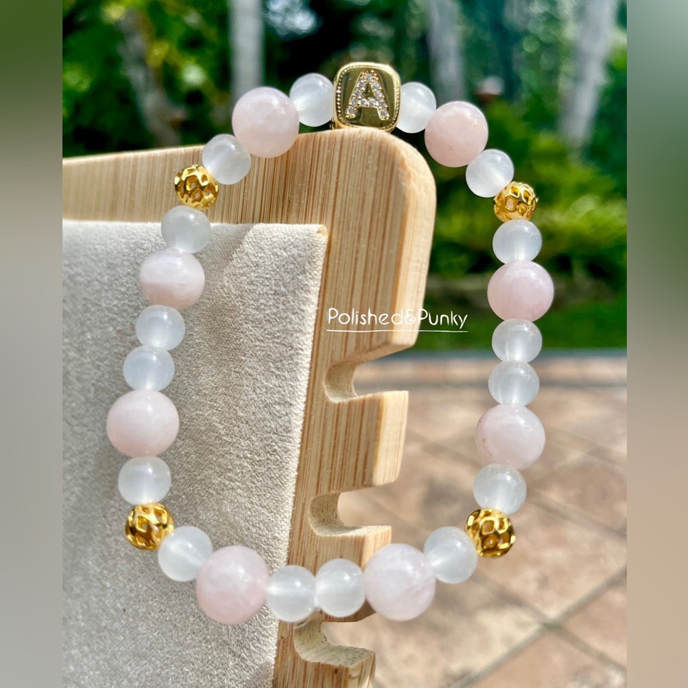 Beaded bracelet Letter A 18kt Gold Rose quartz & white agate 6- 8mm 7.5 inch BOX